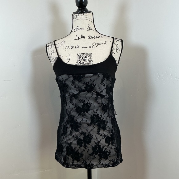 Vanity Tops - Black Lace Sheer Tank Top – Floral Mesh Overlay – Size Large – Vanity‎